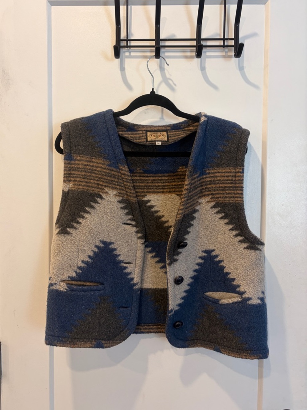 Vintage Western Pattern Wool Vest in Blue, grey, & Tan/brown